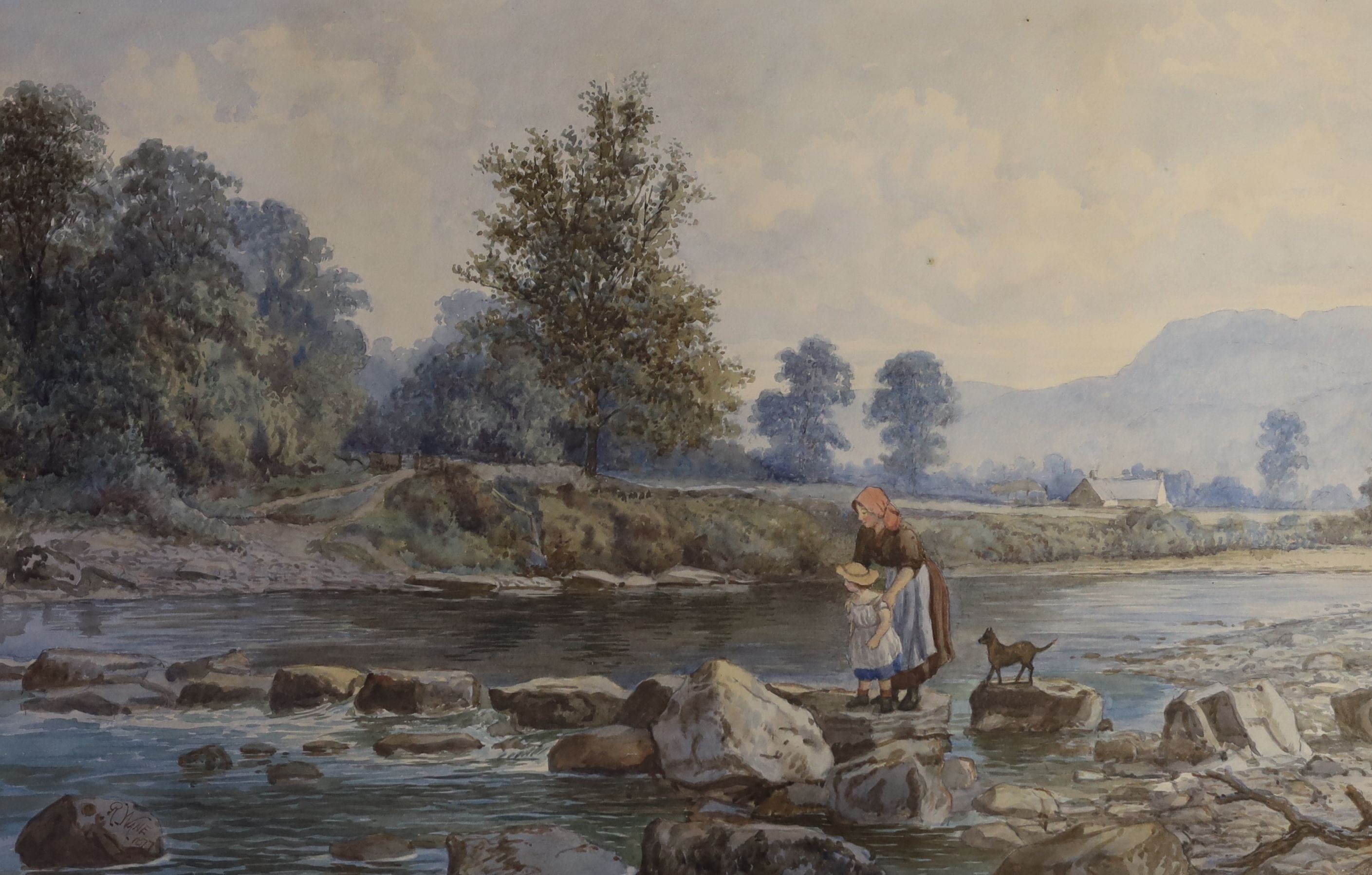 Richard Wane (1852-1904), pair of watercolours, Mother and child on stepping stones and Coastal valley, signed and dated 1877, 38 x 56cm